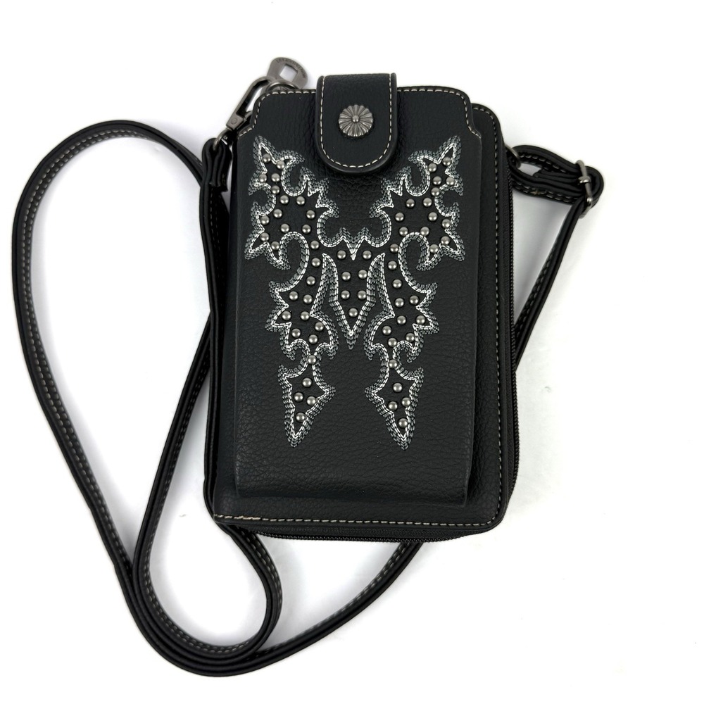Montana West Crossbody Phone Wallet Black Faux‎ Leather Scroll Western Rodeo NEW
